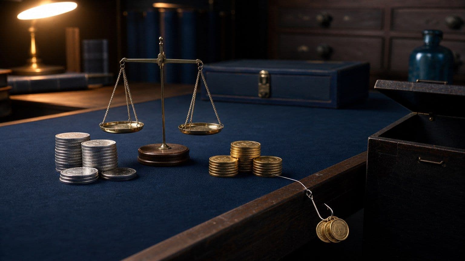 Haczyk i pułapka przeciągają monety przy wadze symbolizującej oszustwo Forex.